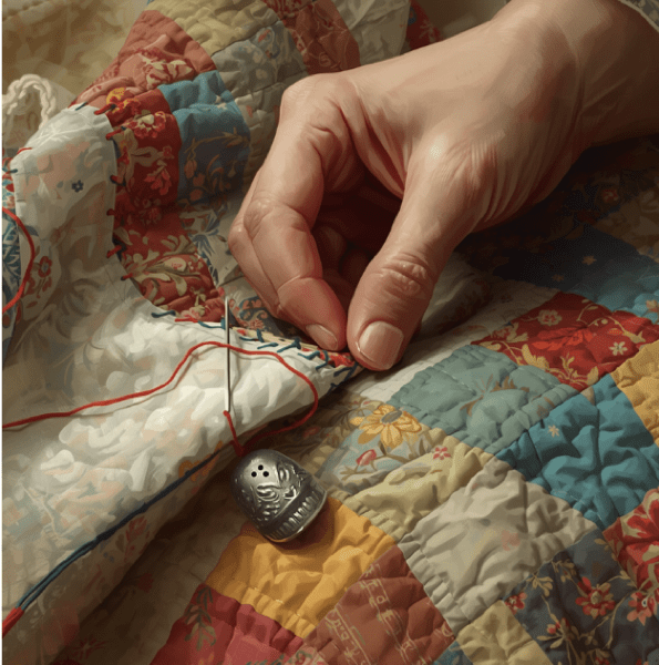 AI generated image of a hand sewing a quilt